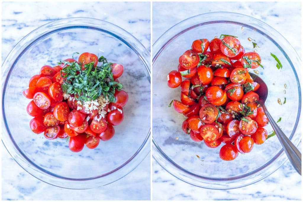 Photos showing how to make bruschetta for this pasta salad recipe