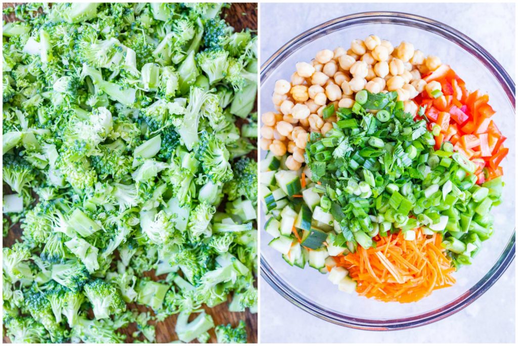 Showing how to make Asian Broccoli Salad with all the ingredients in a bowl