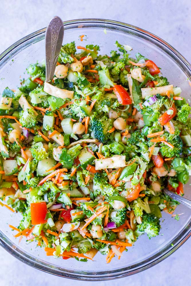 Asian Broccoli Salad Recipe mixed together in a bowl