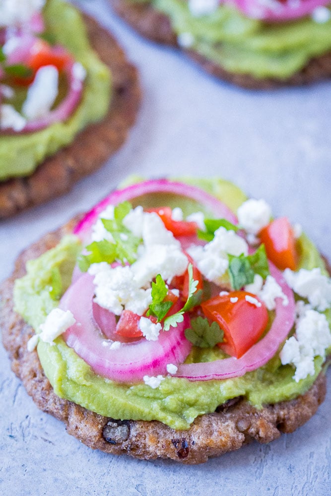 Close up of a guacamole tostada recipe