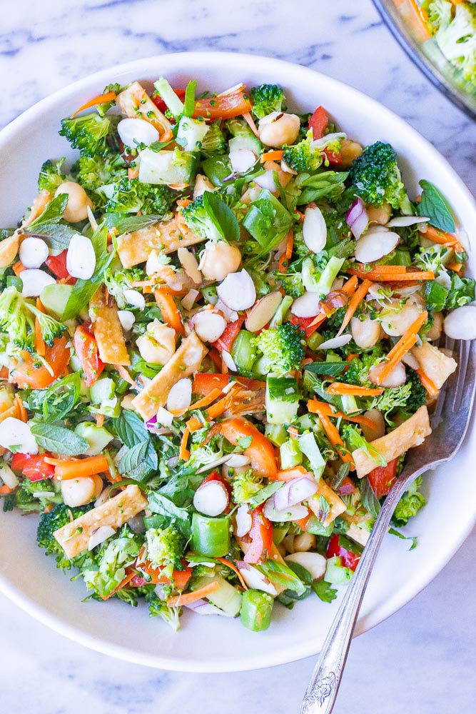 Close up of a bowl of Asian Broccoli Salad