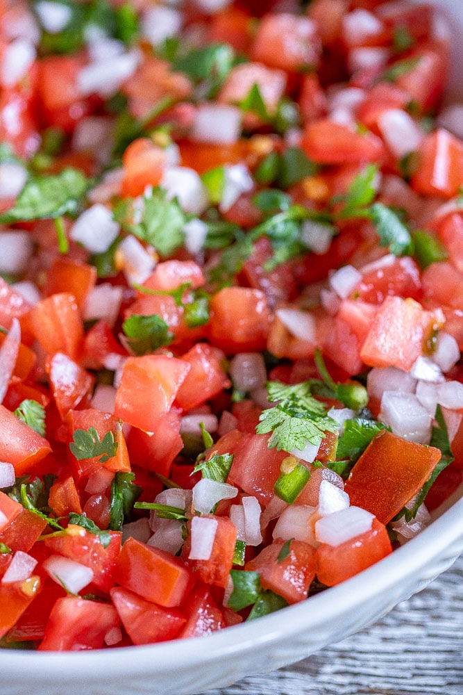 close up of a bowl of pico de Gallo