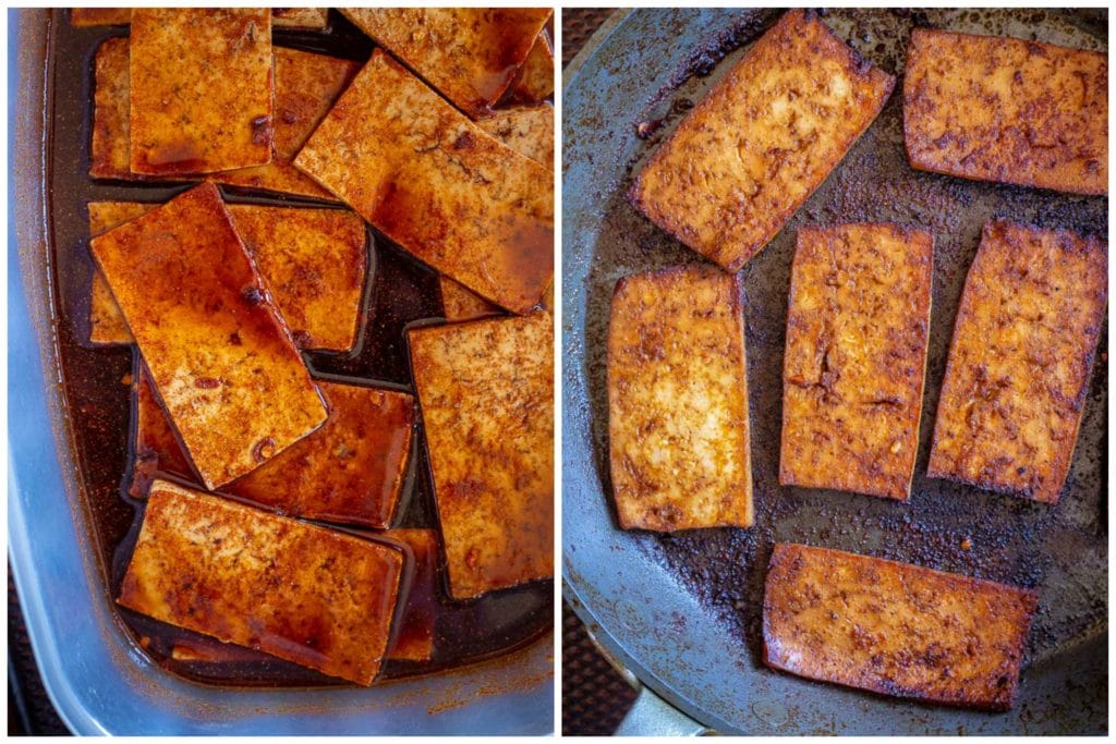 Showing how to make these Vegan BLT Pitas with marinated tofu