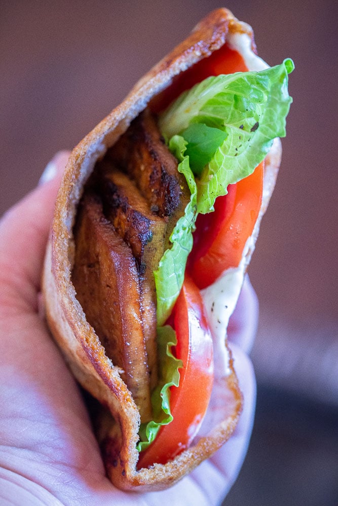 A hand holding a vegan BLT pita