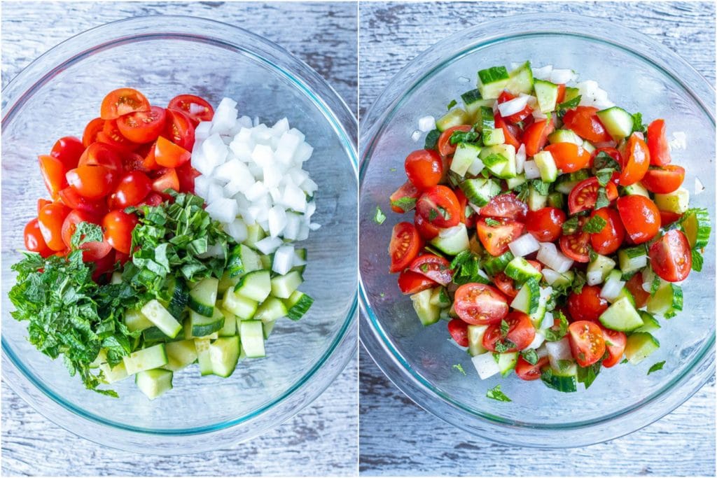 showing how to make this cucumber tomato salad recipe with the chopped up ingredients
