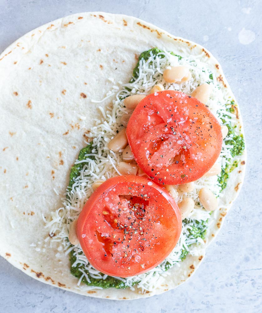 showing how to make pesto quesadillas