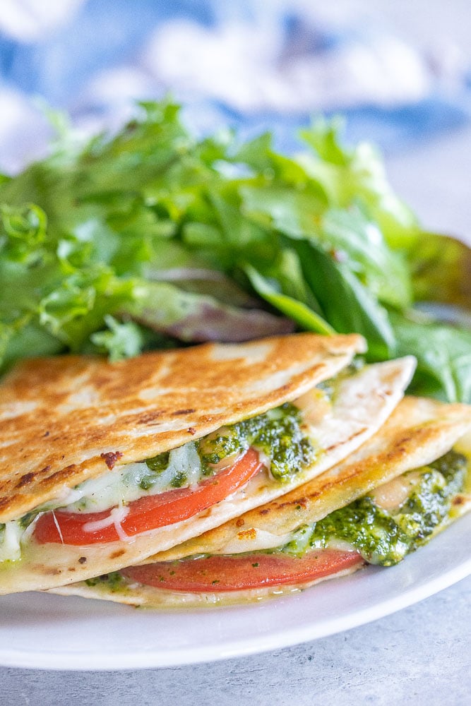 close up of pesto quesadillas