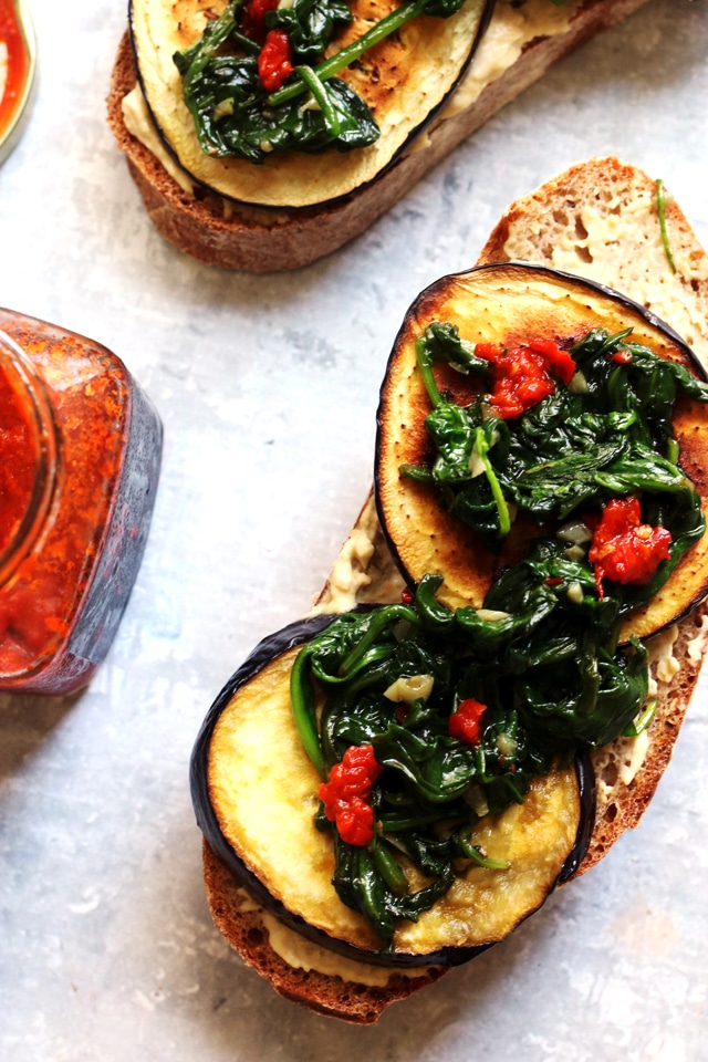 A close up of food, with Bread and Eggplant