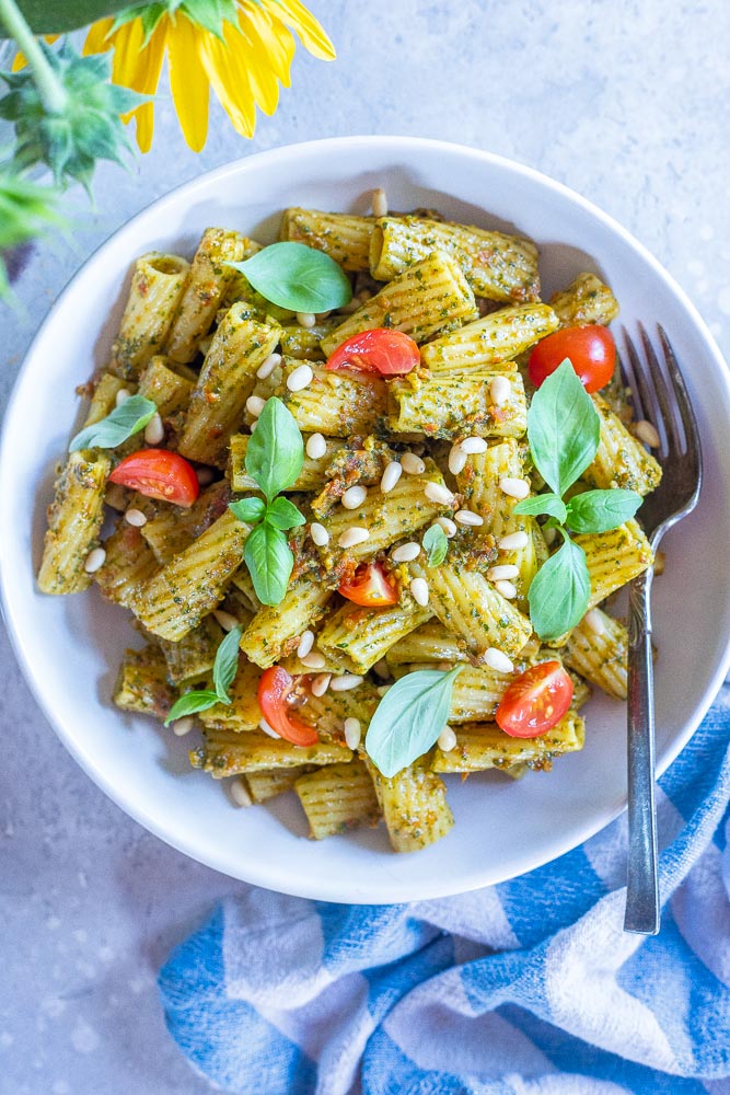 sun-dried tomato pesto pasta in a bowl