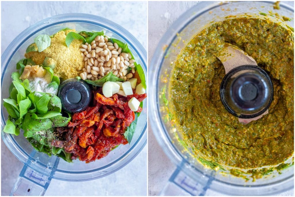 showing how to make sun-dried tomato pesto in a food processor