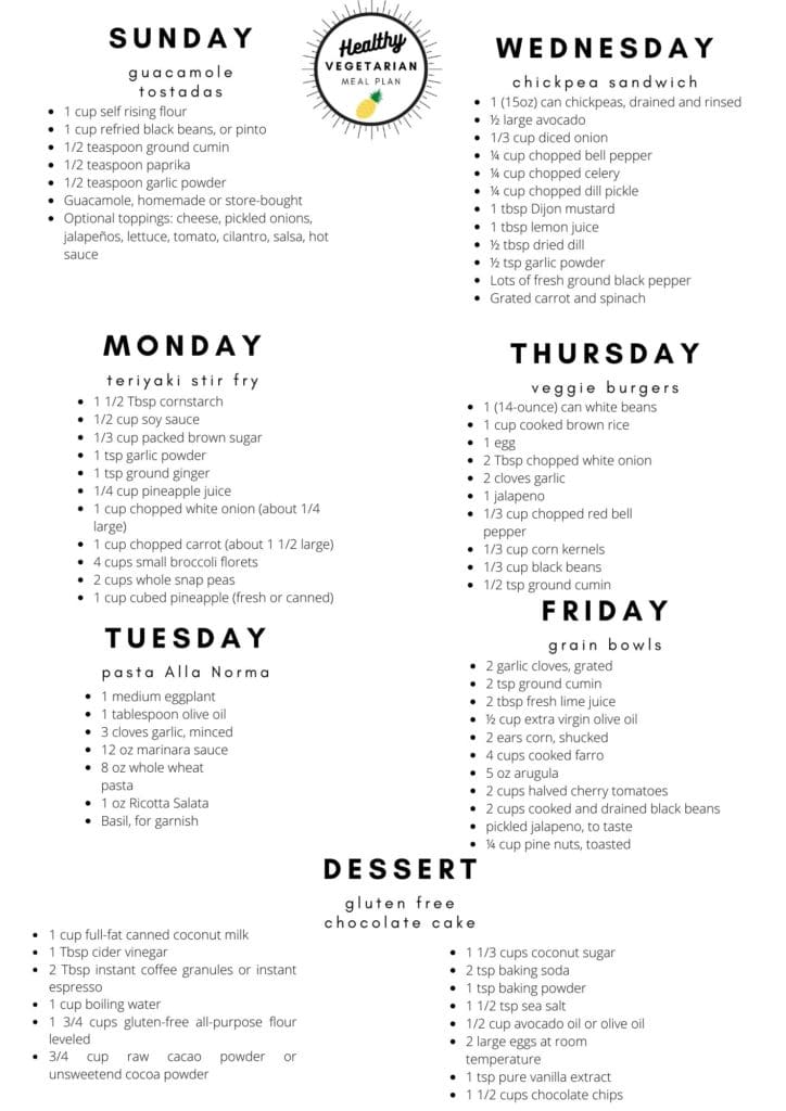 vegetarian meal plan list