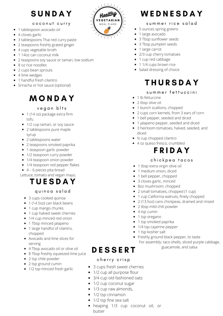 vegetarian meal plan list