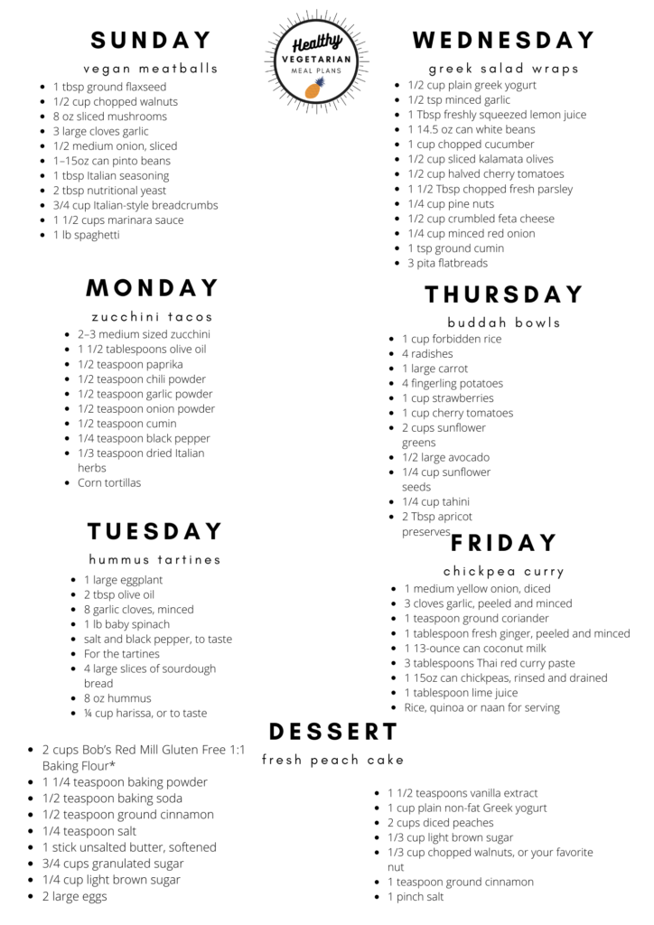 vegetarian meal plan list