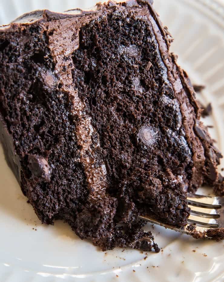 A piece of chocolate cake on a plate,