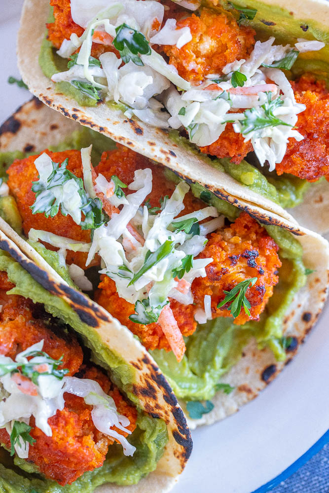 Closeup of buffalo cauliflower tacos