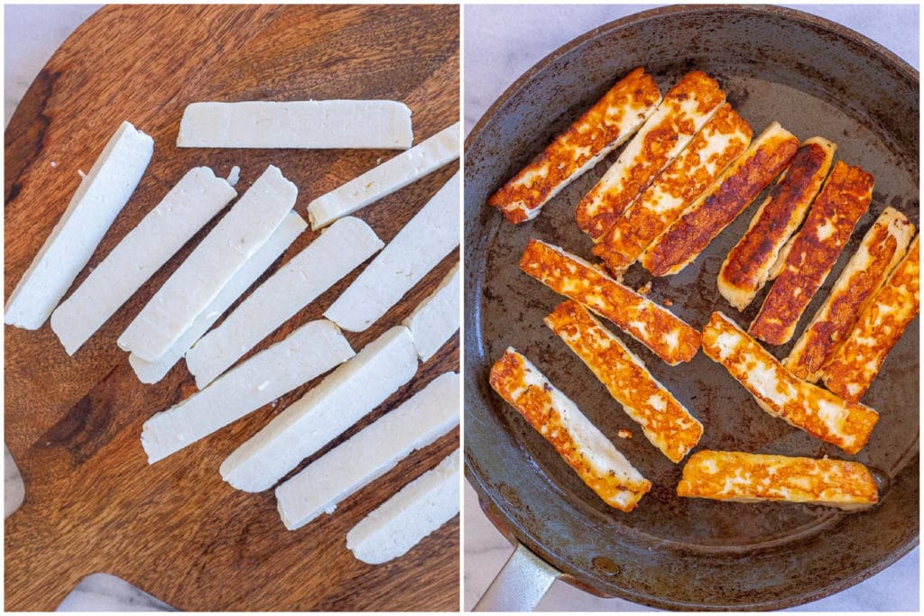 showing how to cook halloumi cheese before and after