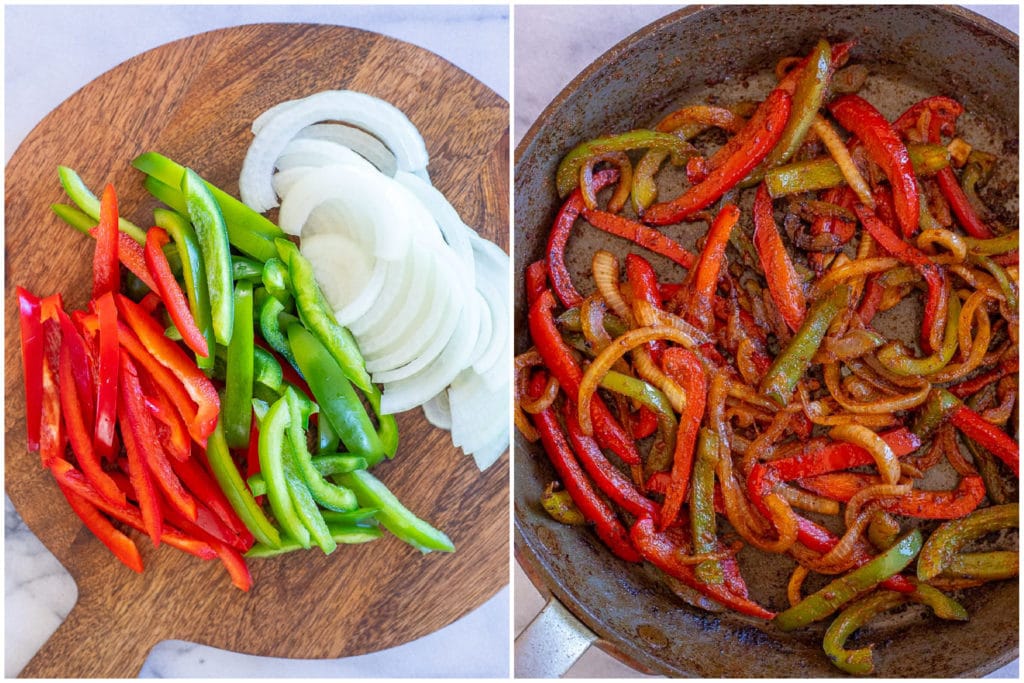 showing how to cook fajita veggies before and after
