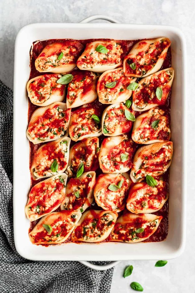 vegan stuffed shells in a pan