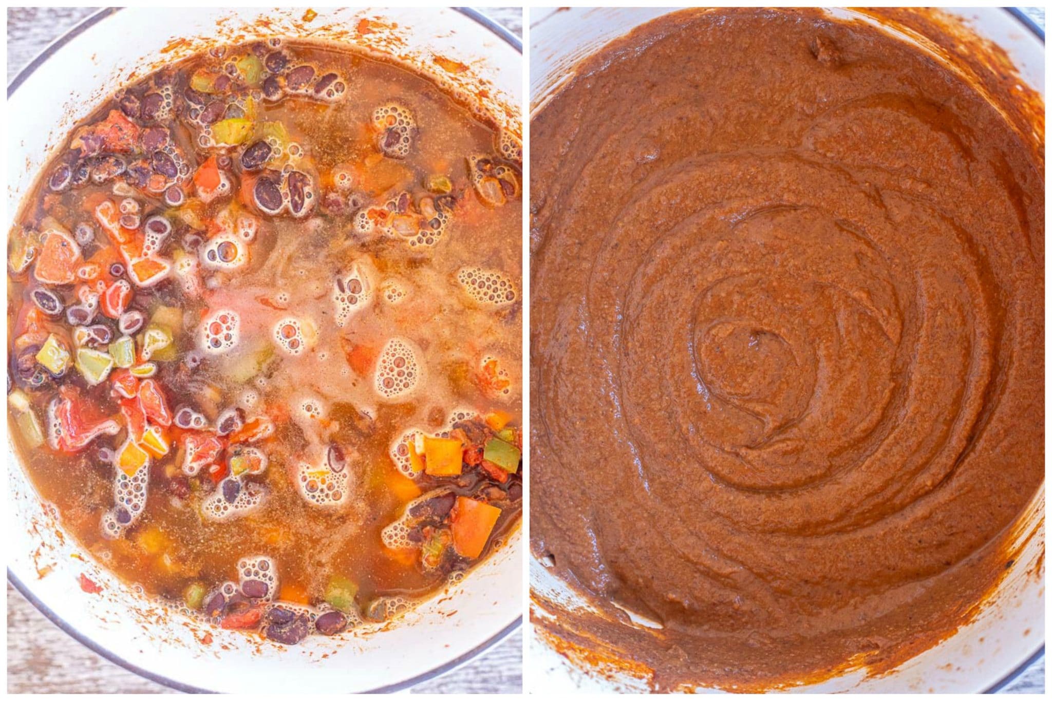 before and after blending creamy vegan black bean soup