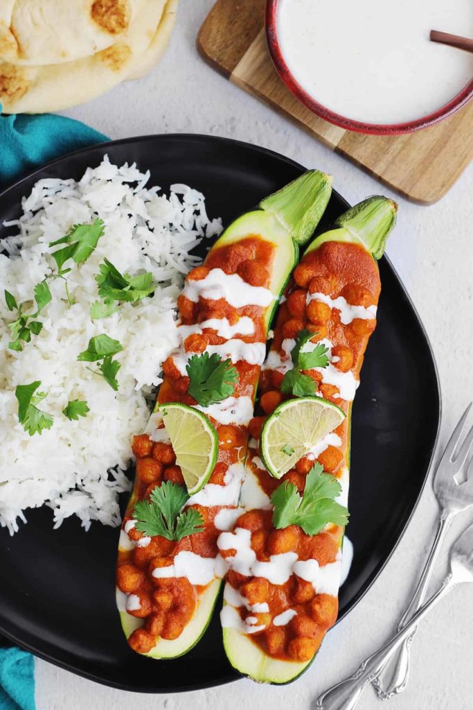 A plate of food on a table, with Chickpea and Zucchini