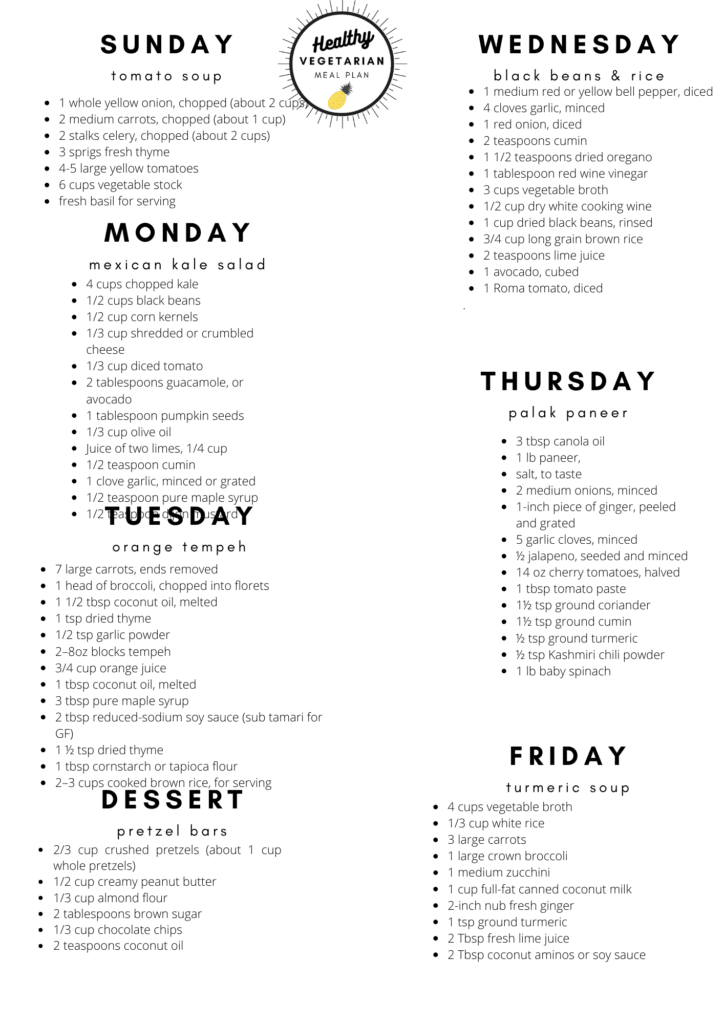 vegetarian meal plan list