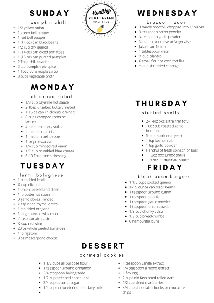 vegetarian meal plan list