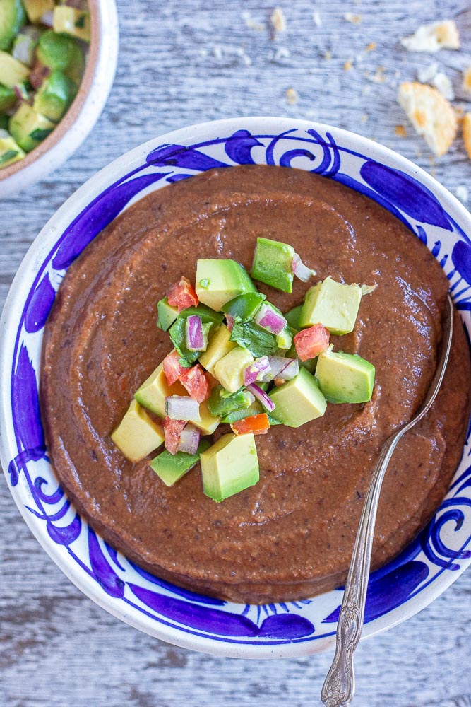 close up of a bowl of vegan black bean soup