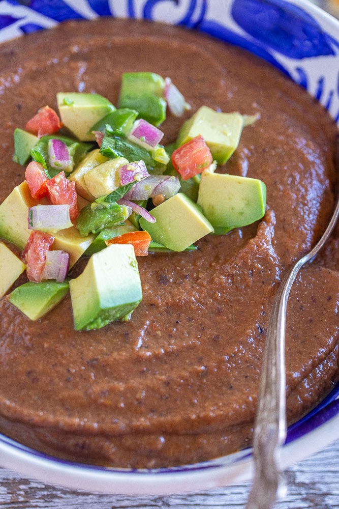 close up of a bowl of vegetarian black bean soup