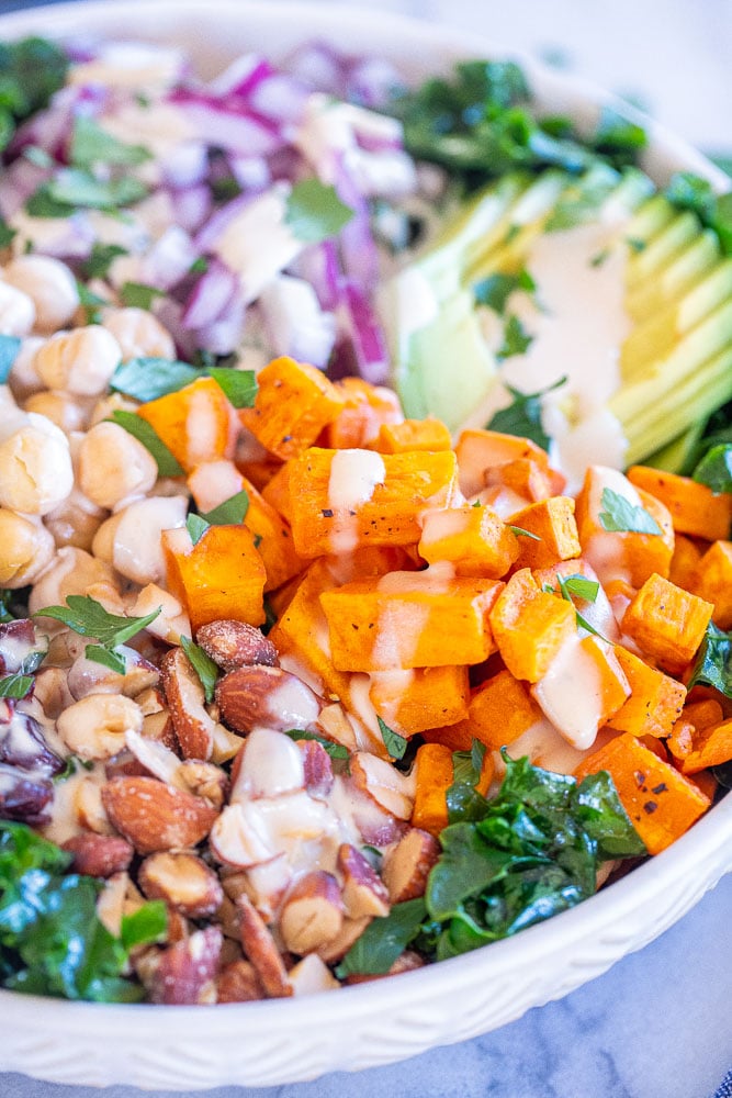 close up view of vegan kale salad