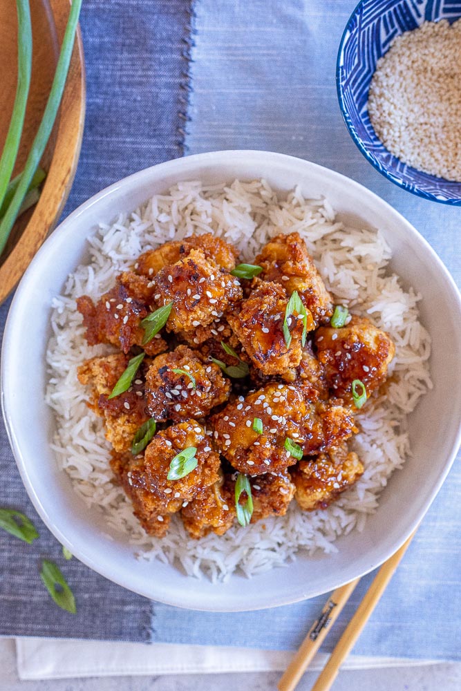 crispy teriyaki cauliflower in a bowl