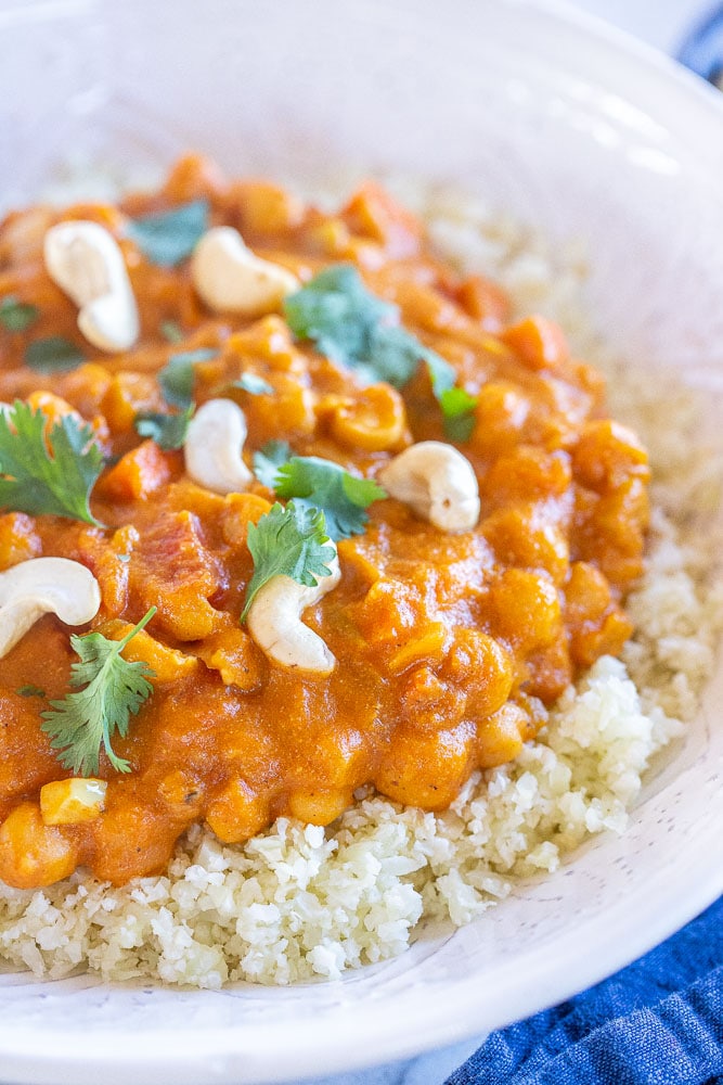 close up of a bowl of vegan pumpkin curry