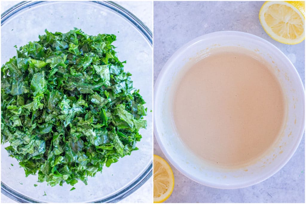 showing how to make a chopped kale power salad with chopped kale and tahini dressing