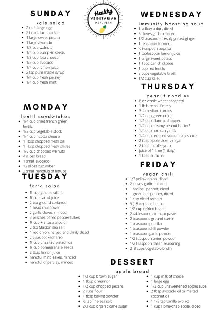 Healthy vegetarian meal plan week 41 shopping list