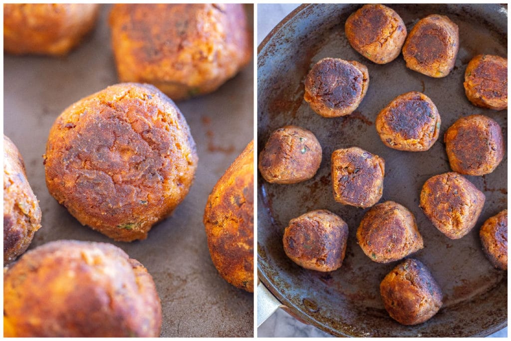 crispy vegetarian meatballs being cooked in a pan