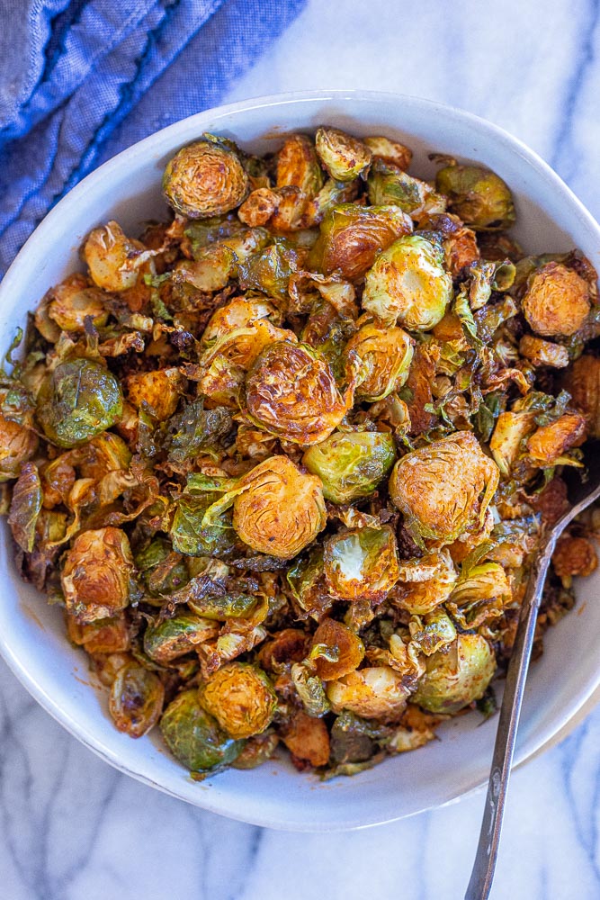 Large bowl of BBQ Roasted Brussels sprouts