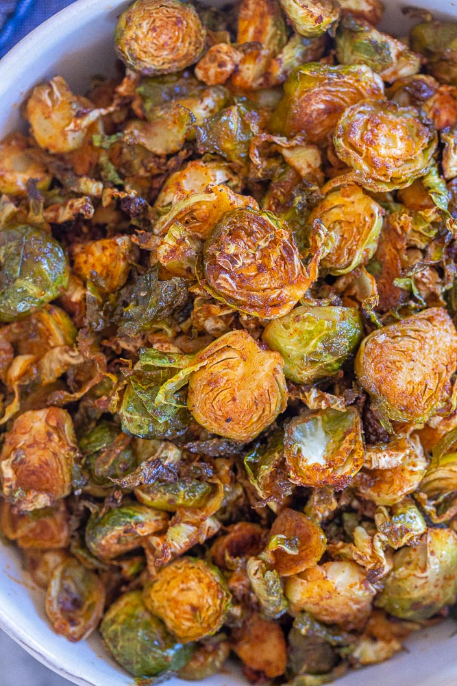close up of BBQ Roasted Brussels sprouts