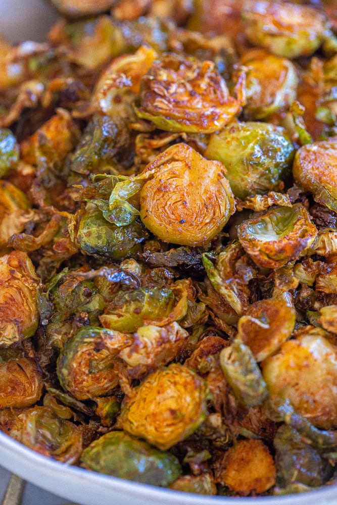 close up of BBQ Roasted Brussels sprouts