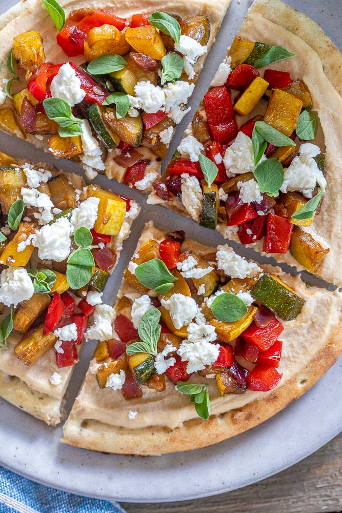 close up of a flatbread pizza