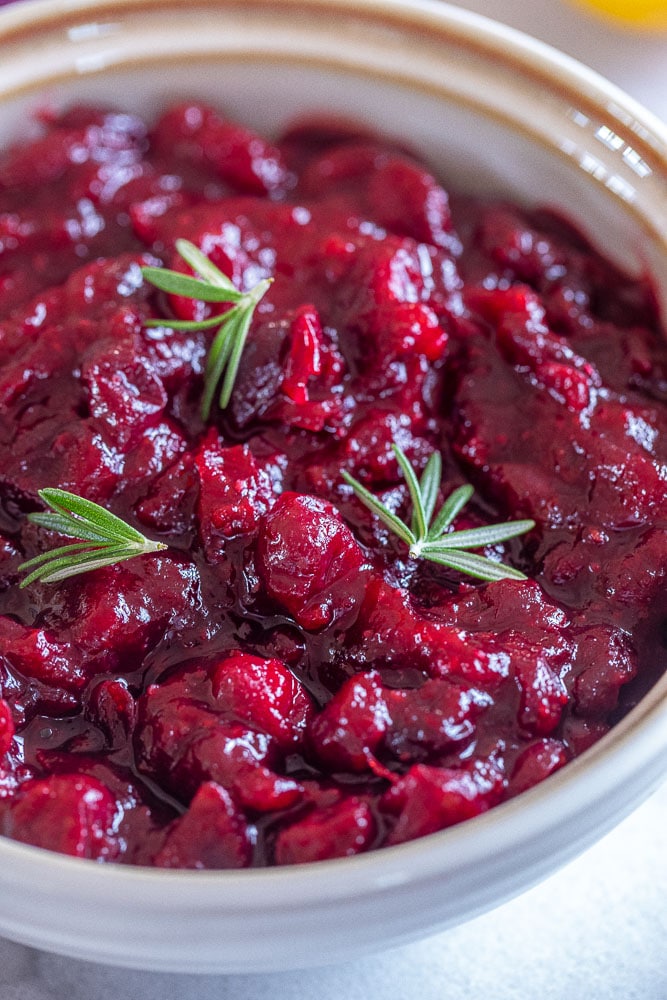 close up of a bowl of homemade cranberry sauce