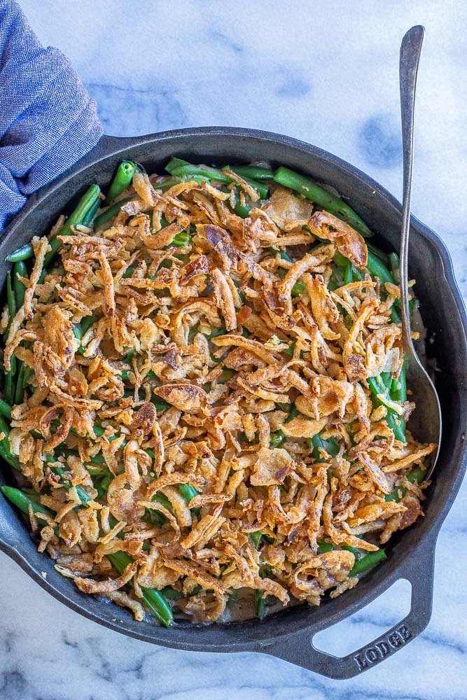 homemade green bean casserole in a skillet