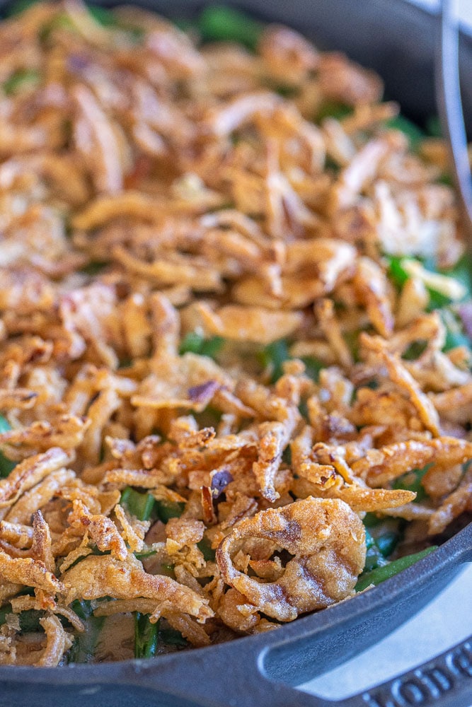 close up of crispy onions on a vegan casserole