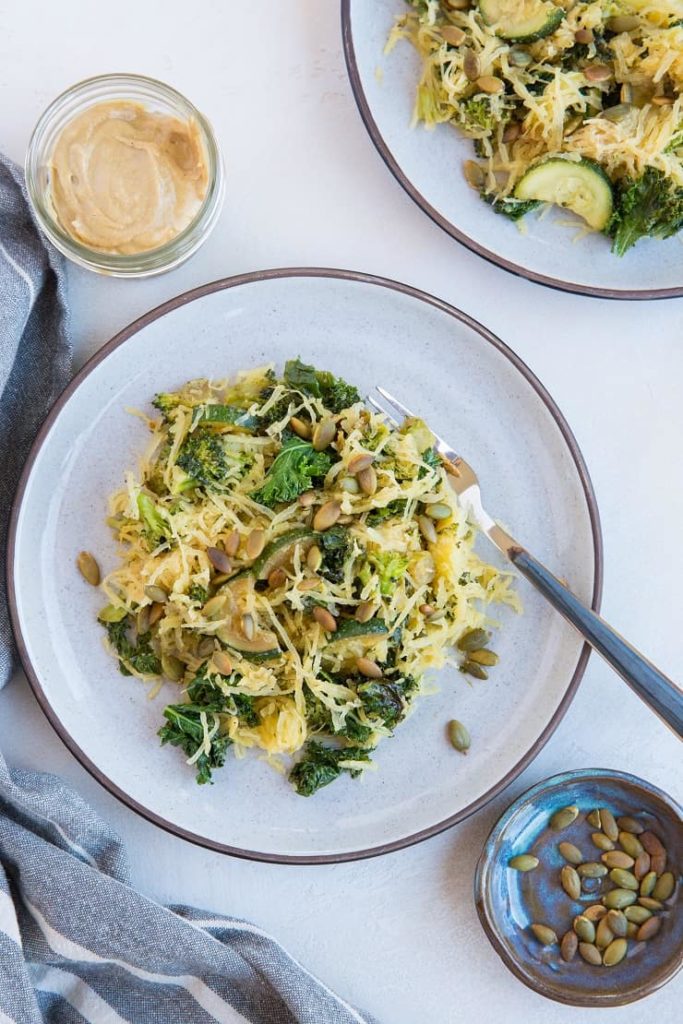 A plate of food with Spaghetti squash