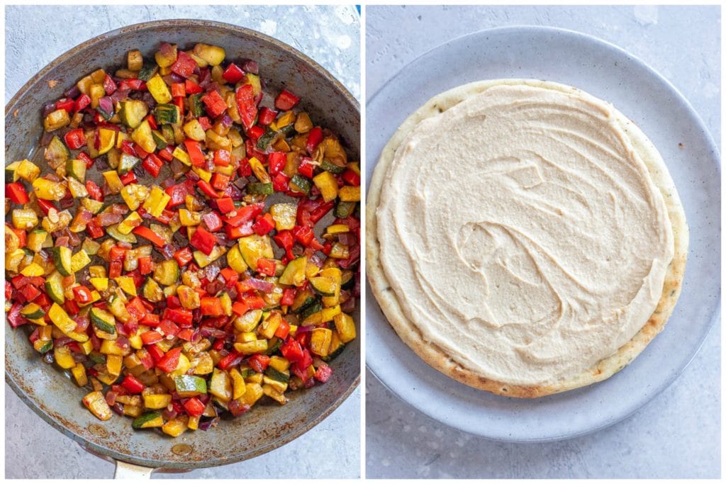 showing how to make a hummus flatbread