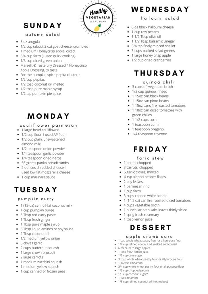 Healthy vegetarian meal plan week 45 shopping list