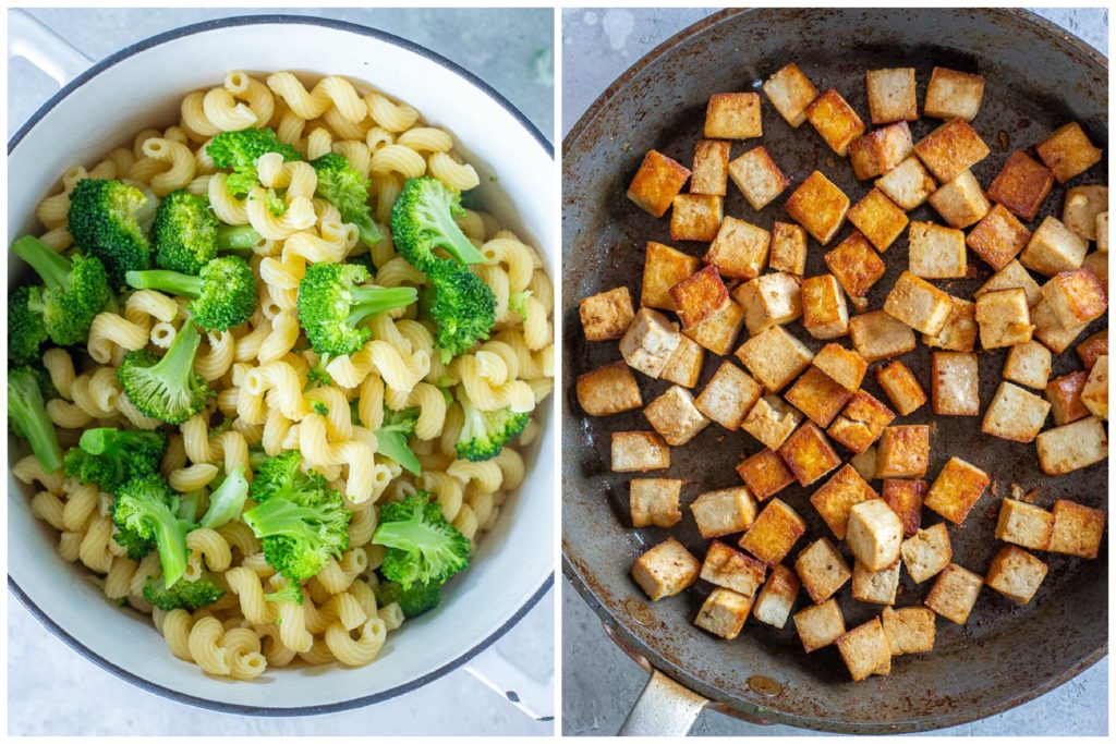 showing how to make my favorite tofu broccoli pasta