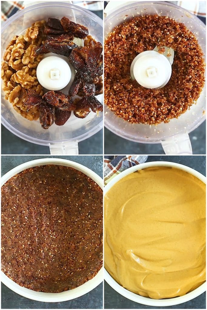 step by step photos showing how to make this vegan pumpkin cheesecake recipe