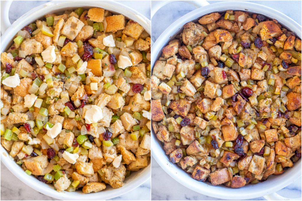 vegan stuffing recipe before and after it's been baked
