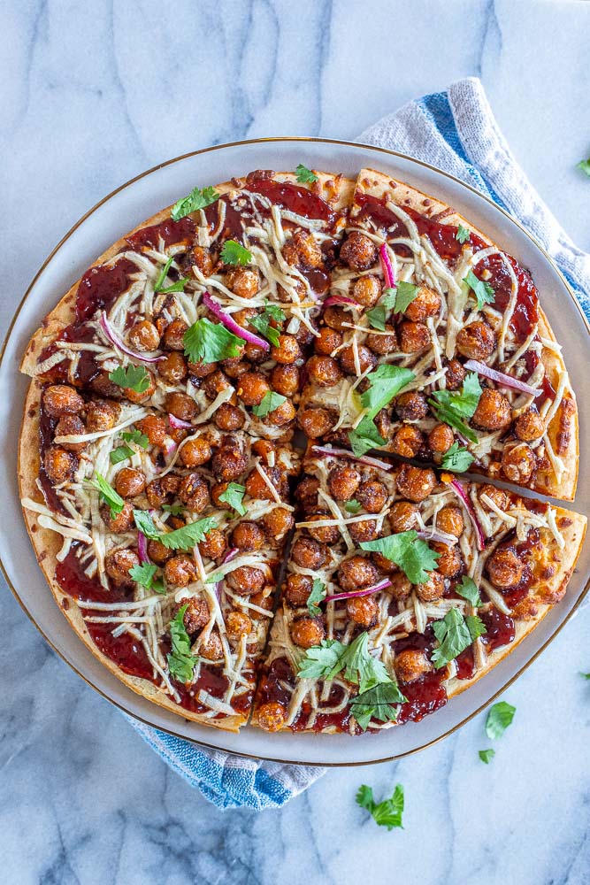 BBQ Chickpea pizza on a plate