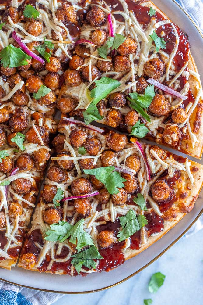 Close up photo of BBQ Chickpea Pizza