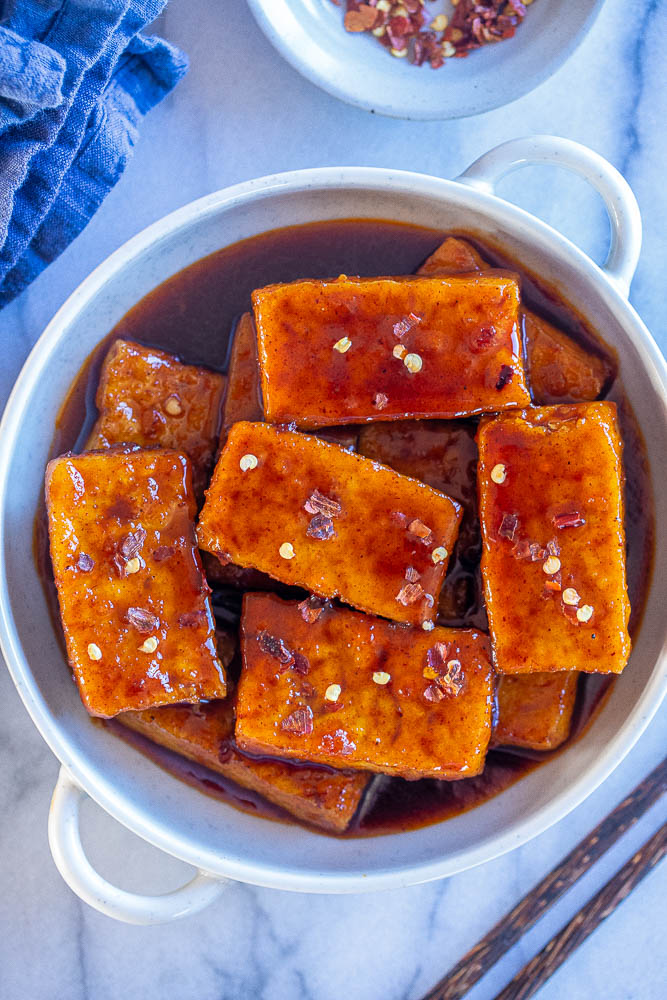 bowl of maple chili glazed tofu